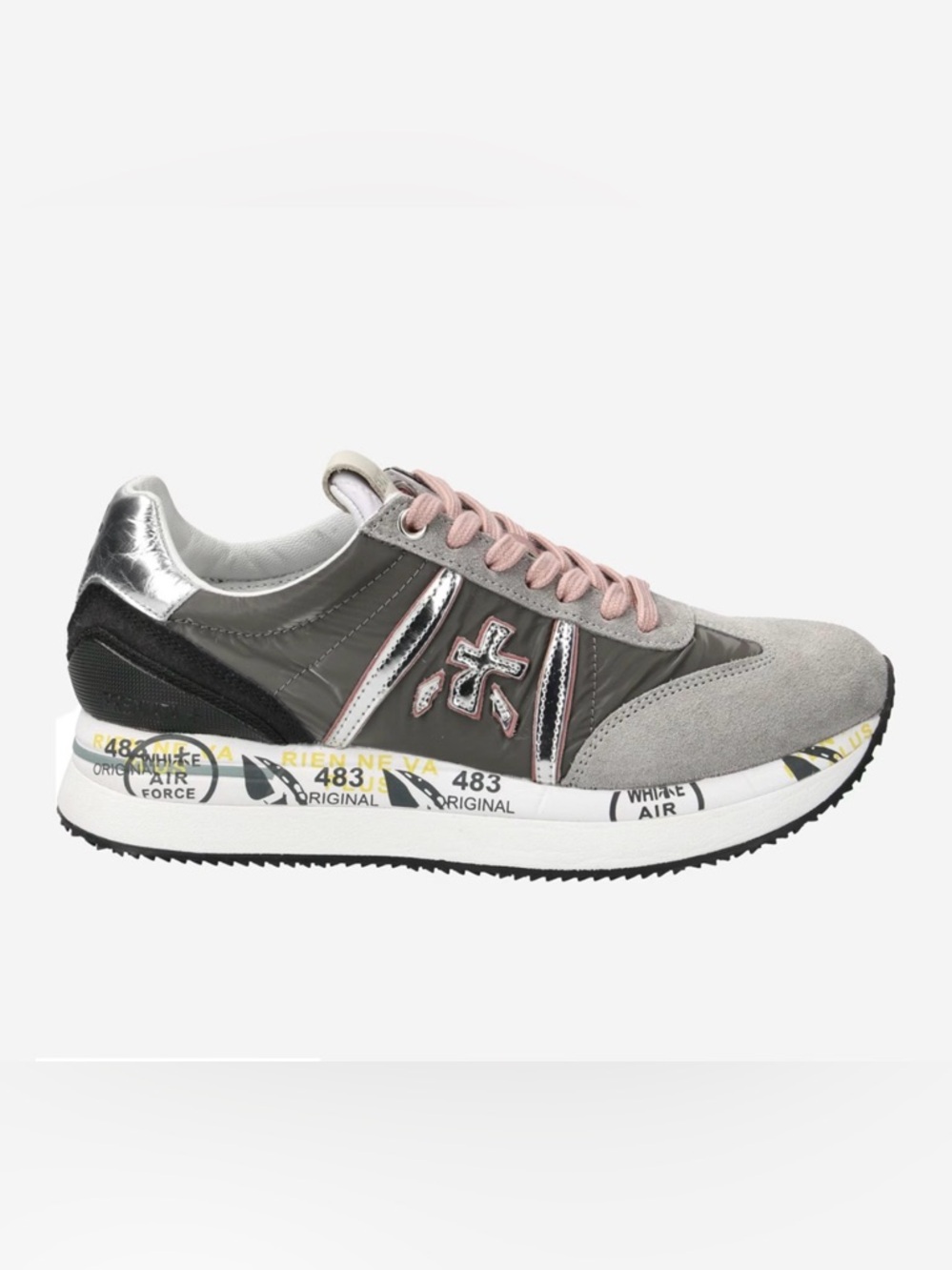 Premiata Conny Grey Sneaker with Pink Laces and Cream Tongue Patch